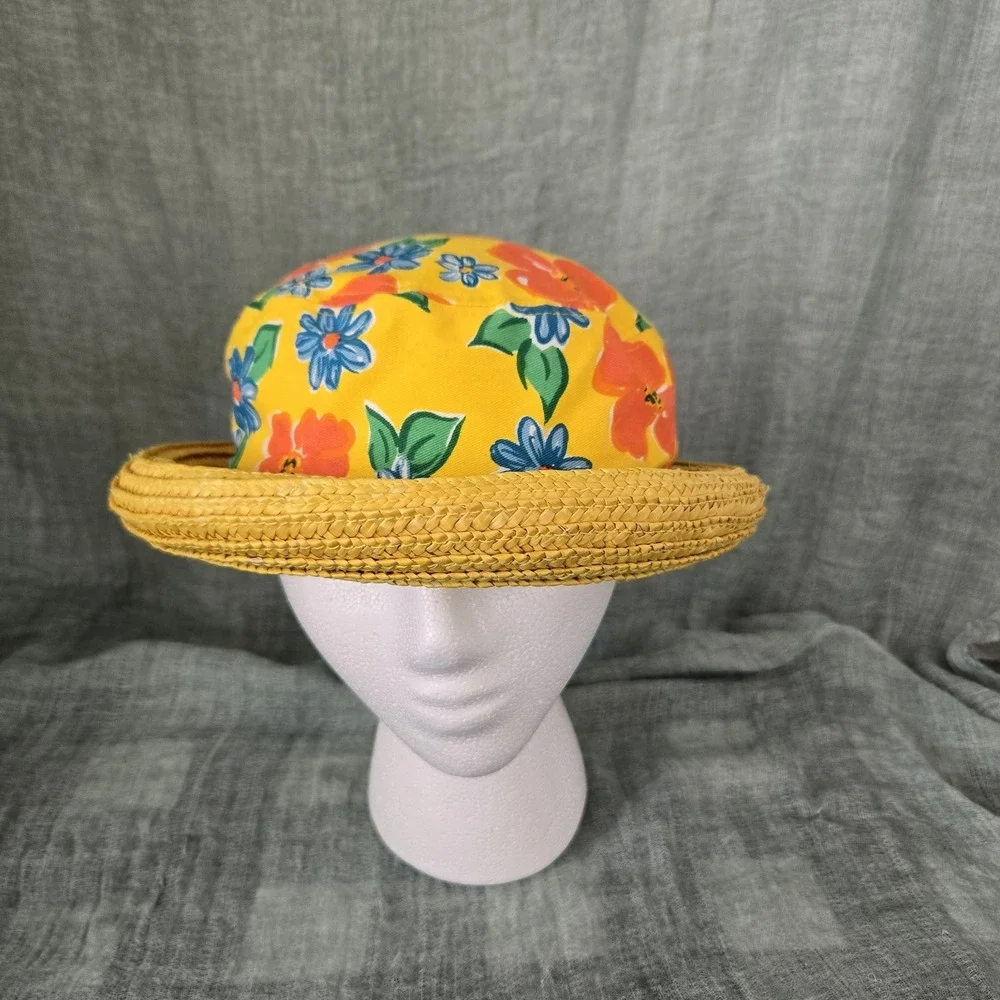 Women's Hat Yellow Rolled Straw Brim w/ Floral 100% Cotton Fabric Crown Size S/M